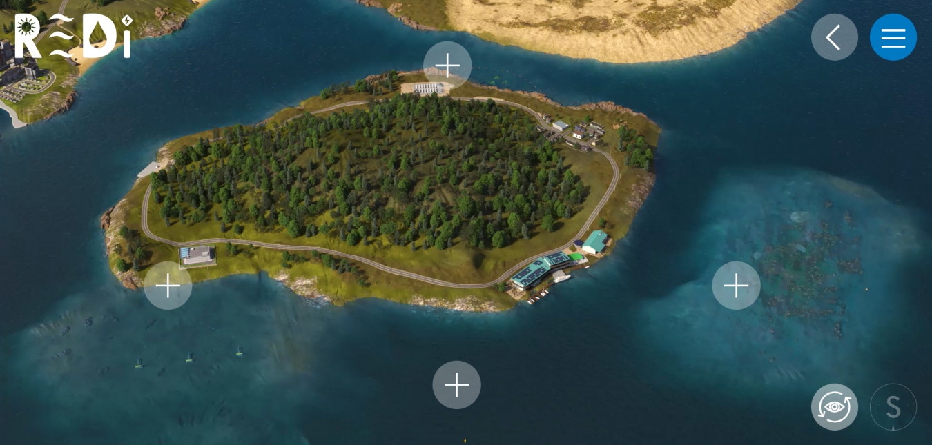A screenshot showing a small island with various shallows