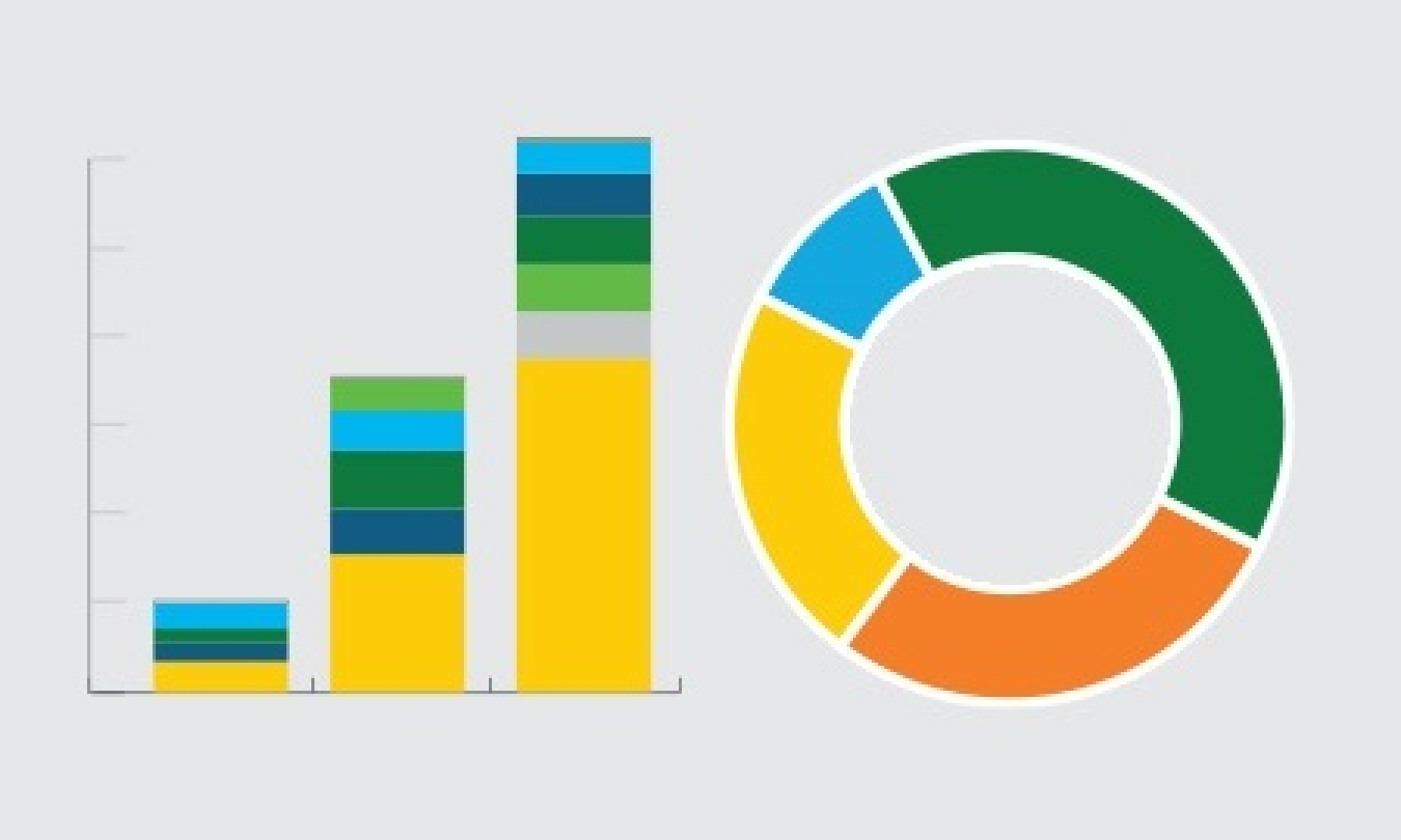 A decorative donut chart and vertical bar chart.