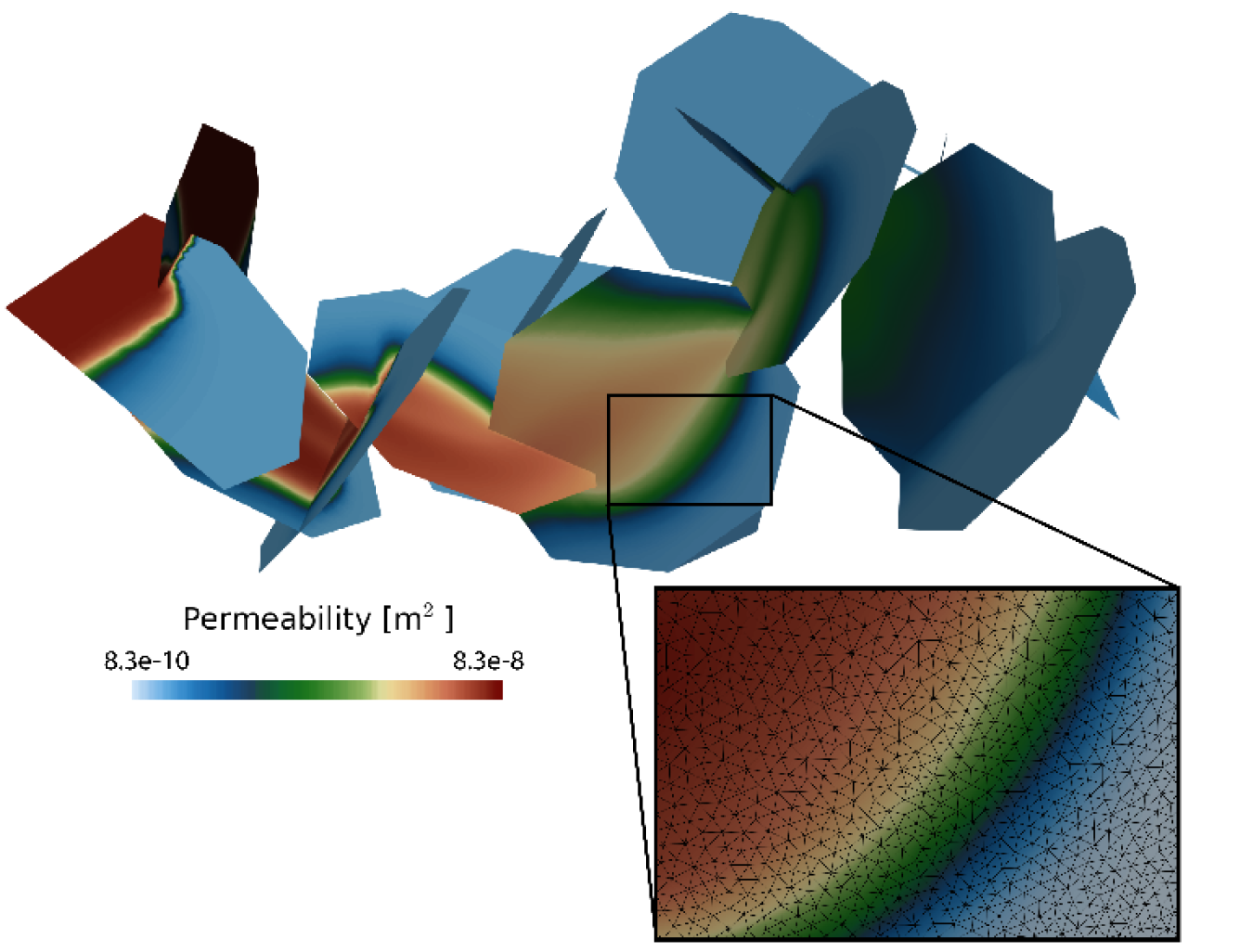 This image shows the variation in permeability in a network of fractures due to quartz dissolving in the fractures. Each plane represents an individual fracture in the network.