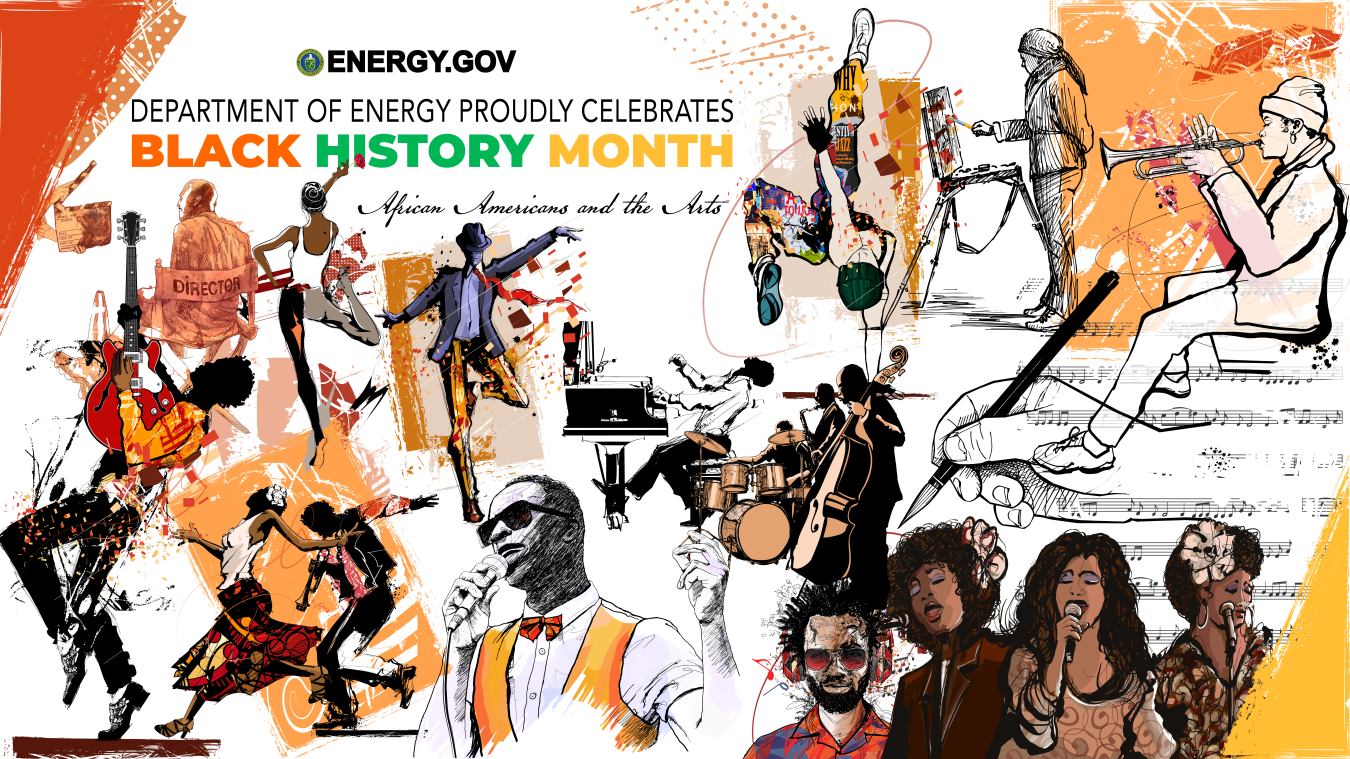 Graphic with the words, Department of Energy proudly celebrates Black History Month. Depicts people playing the piano, dancing, singing, and more.