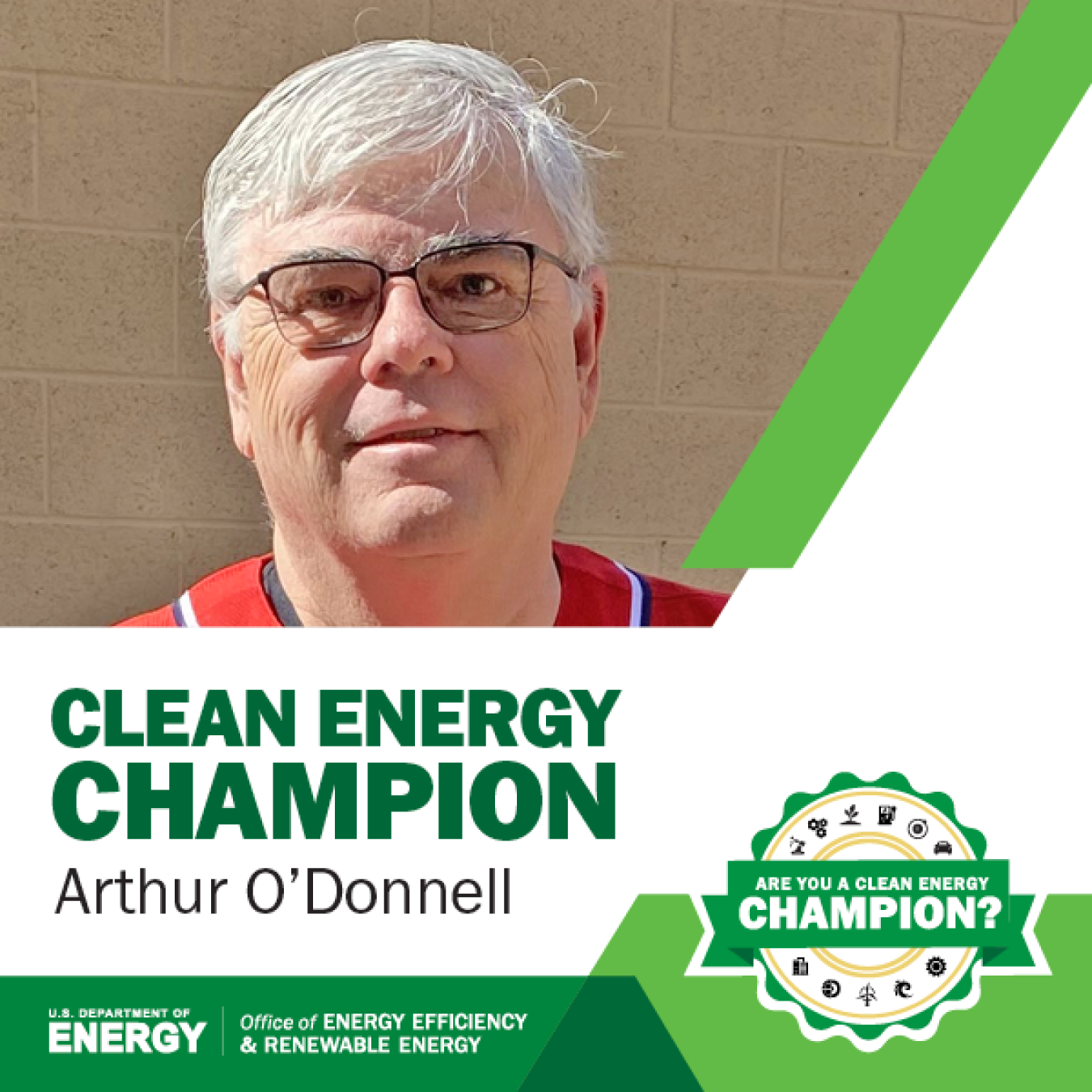 Clean Energy Champion banner featuring Arthur O'Donnell.