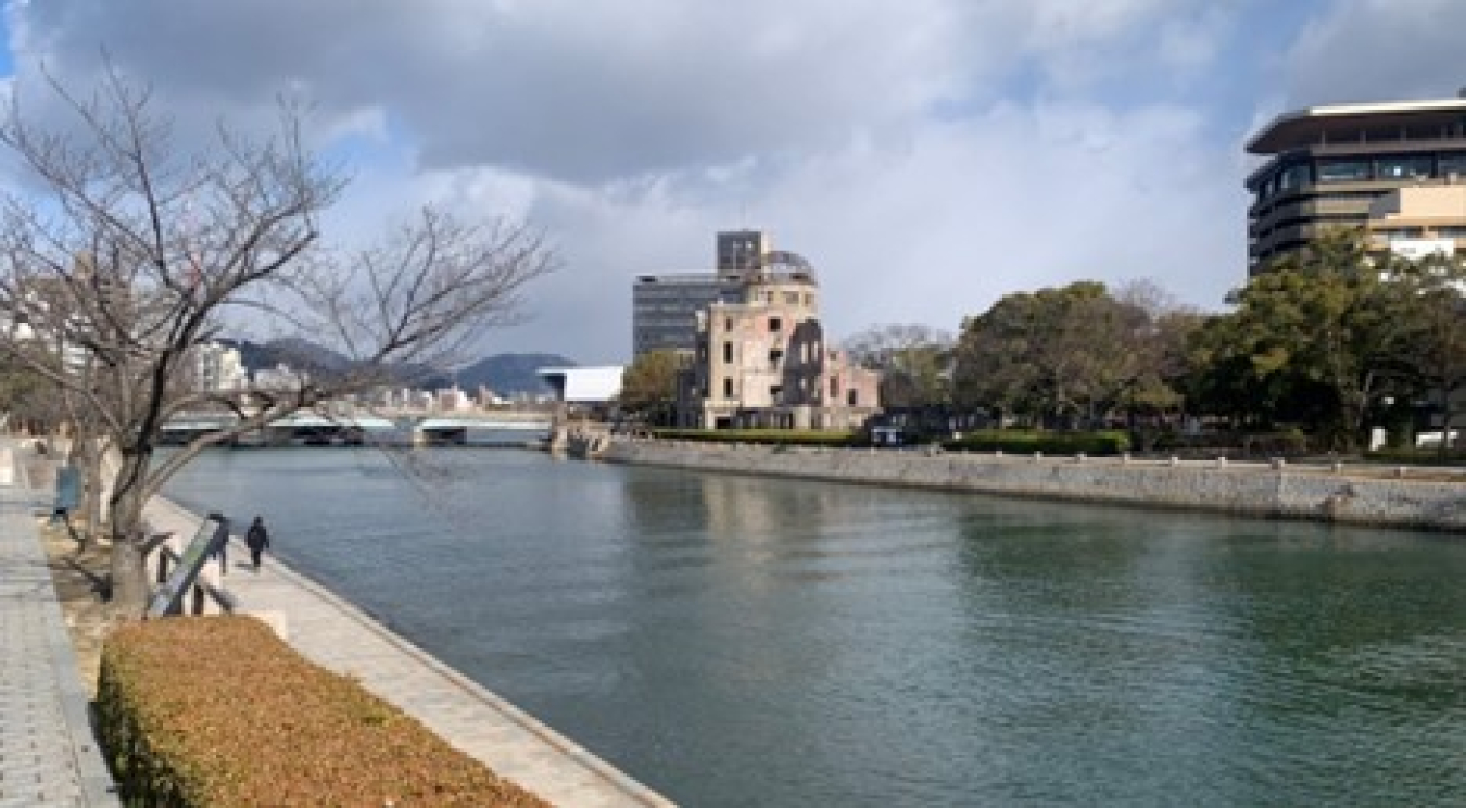 A view of the Genbaku Dome or Atomic Bomb Dome from across the Motoyasu River in Hiroshima, Japan.