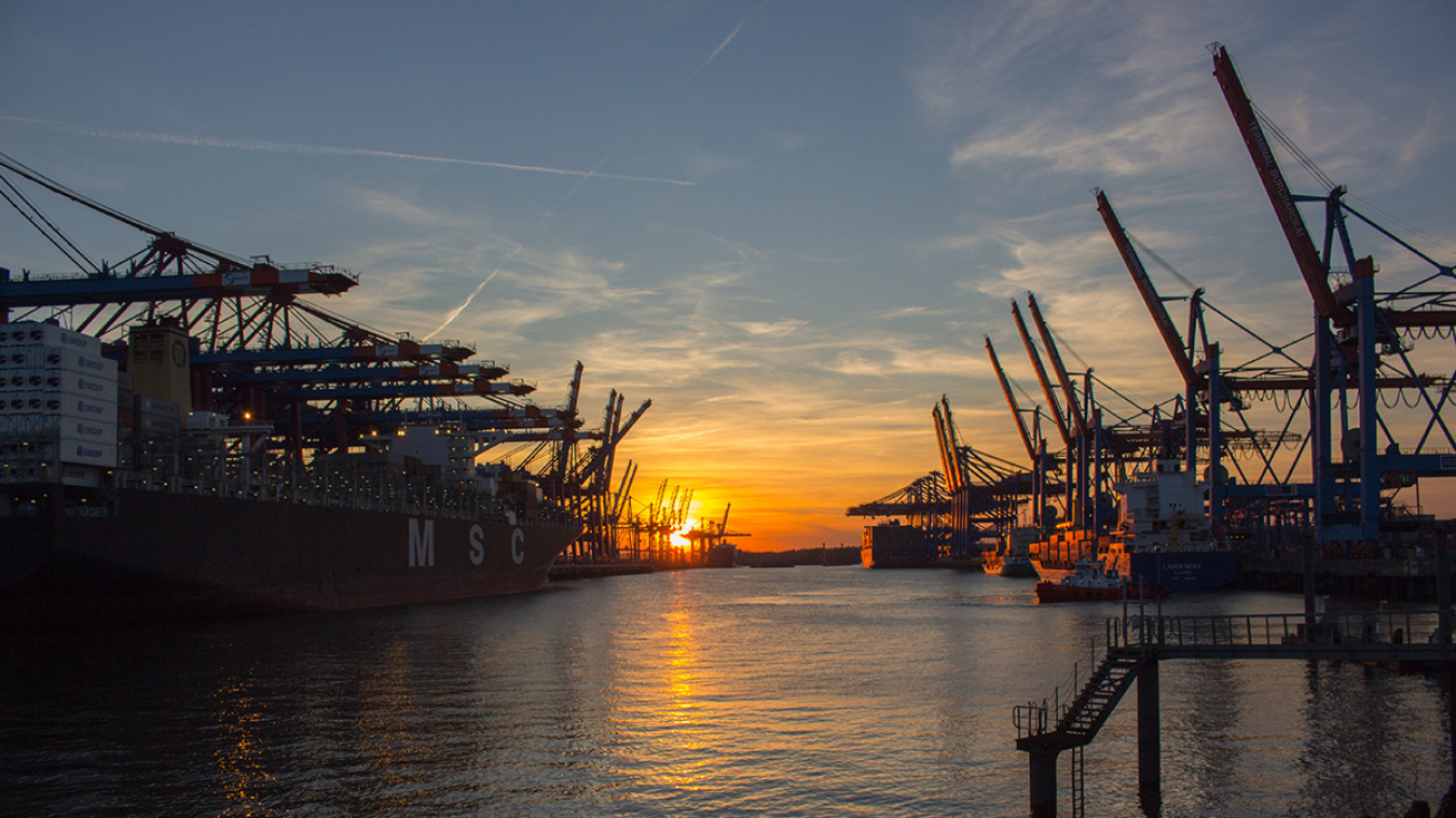 A shipyard at sunset.