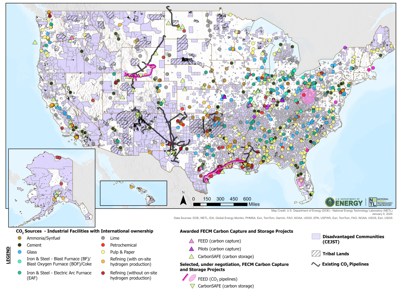 Map of industrial facilities and FECM carbon capture and storage projects
