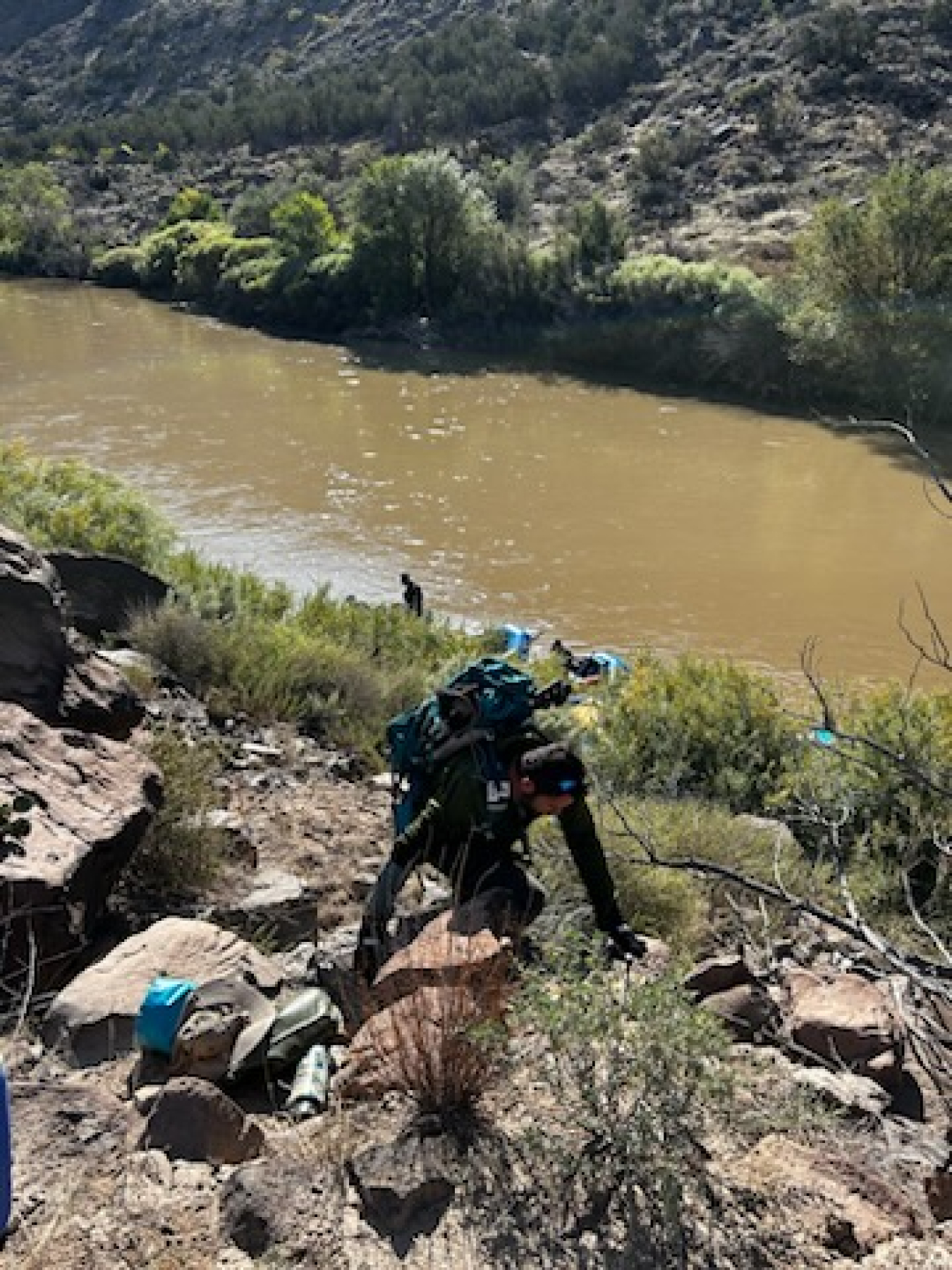 A steep White Rock Climb entrance into the Rio Grande River