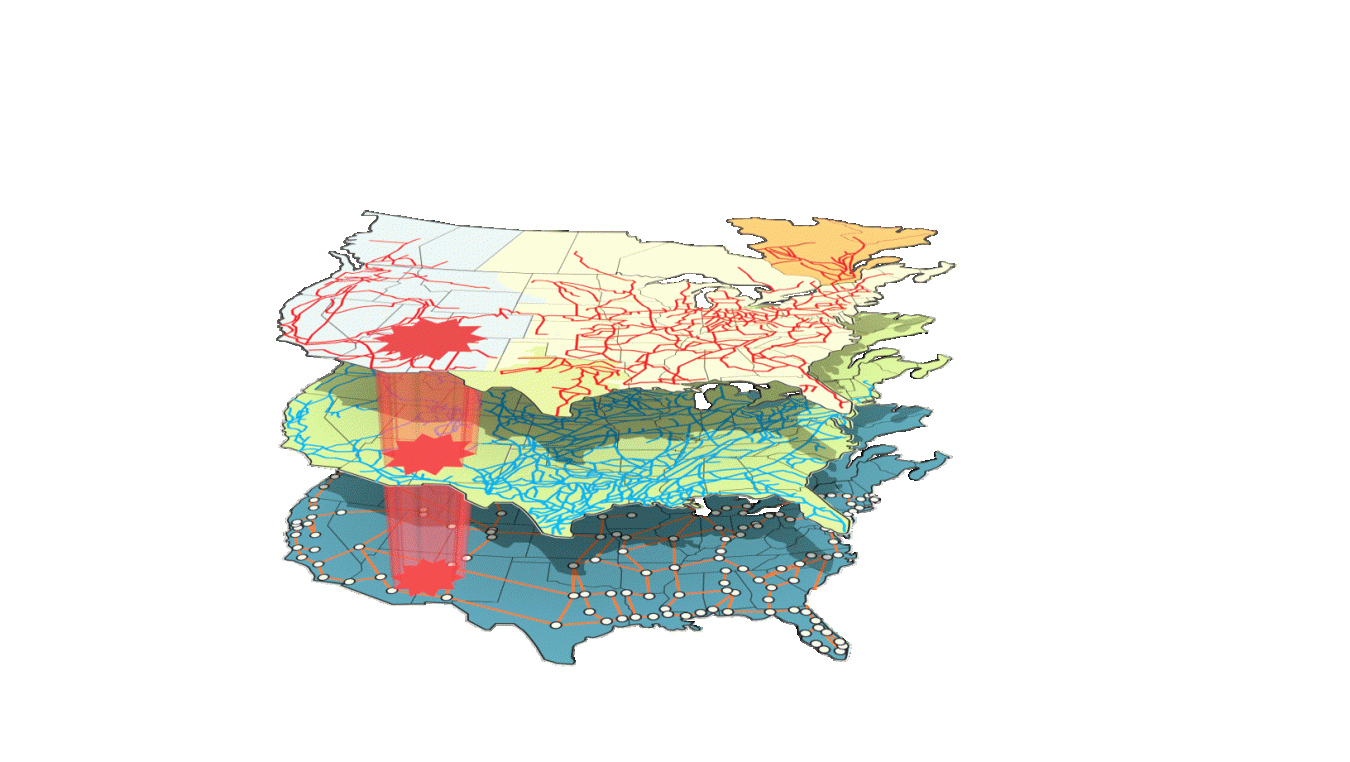 A map of the U.S. with three layers stacked on top of one another with a red cylinder shape topped with a star connects each layer.