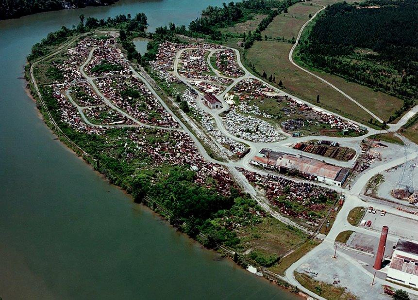 Aerial view of a metal scrapyard
