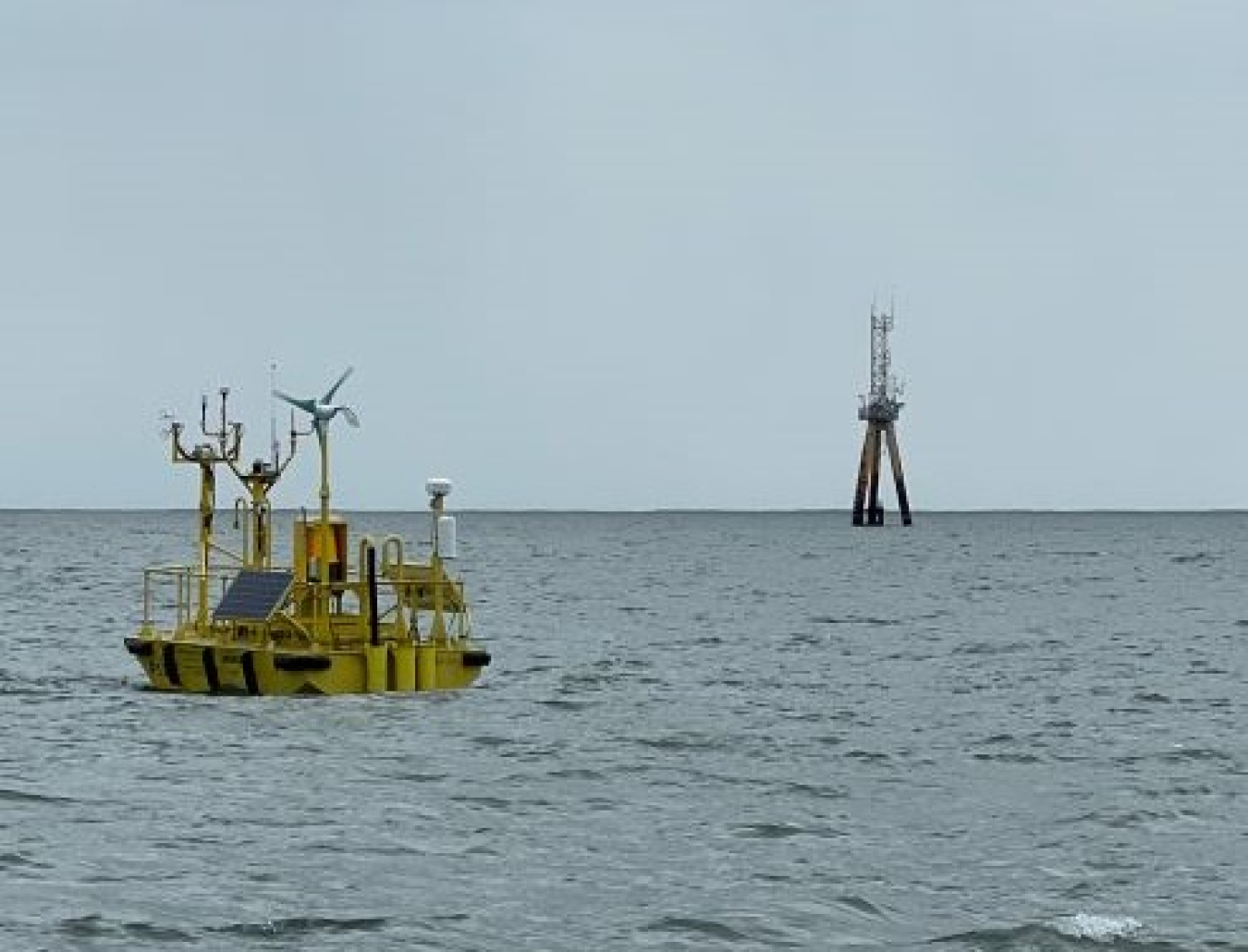 Buoy near wind turbine tower and ocean