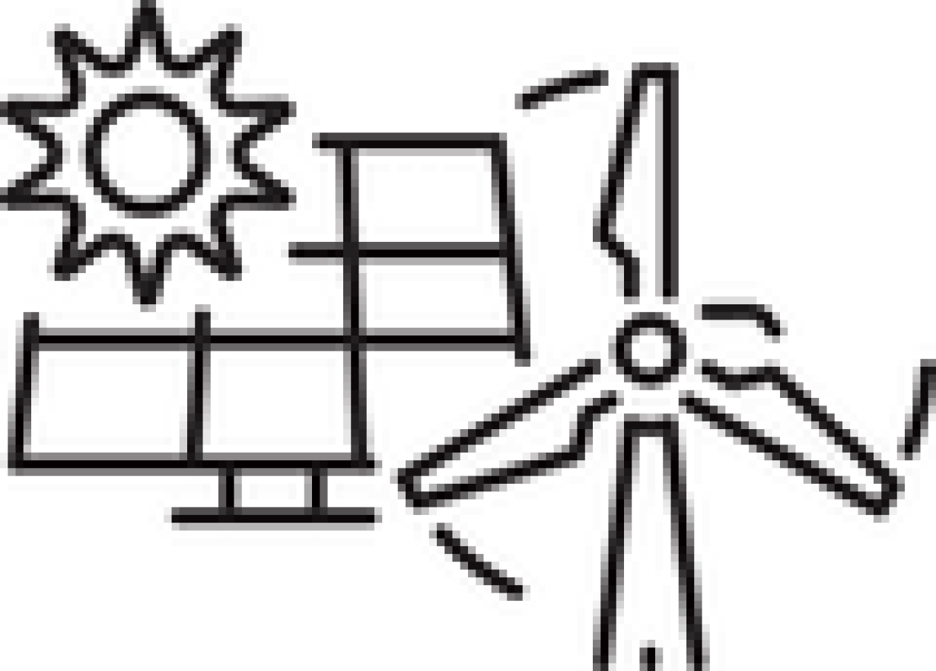 a stock art image of a sun, solar panel and wind turbine