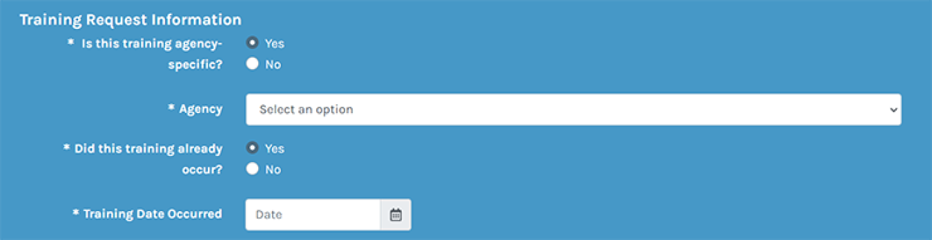 Screenshot showing the fields to fill out in FEMP Central for agency-specific trainings.