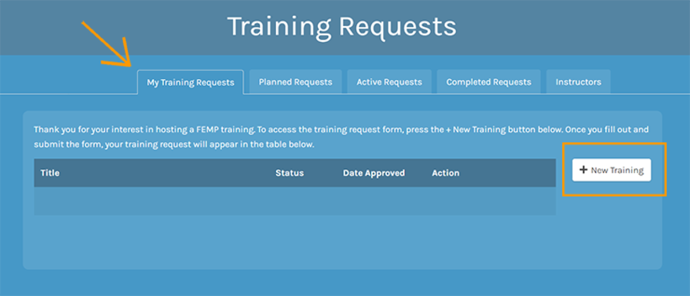 Screenshot showing where to create a new training in FEMP Central.