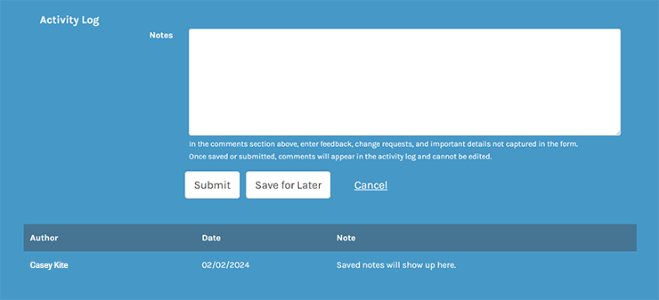 Screenshot of a comment box and comments log in FEMP Central.