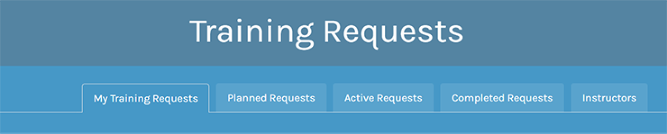 Screenshot of training tabs in FEMP Central: My Training Requests, Planned Requests, Active Requests, Completed Requests, and Instructors.