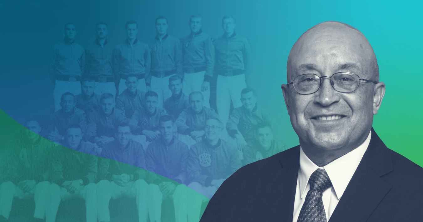 Graphic with black and white photo of Warren "Pete" Miller over a blue and green background and transparent yearbook photo from West Point.