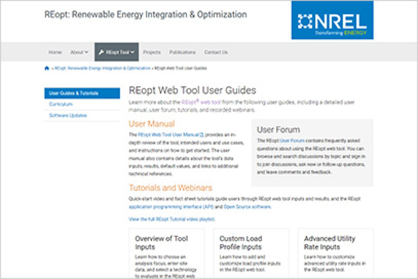 Screenshot of REopt webpage