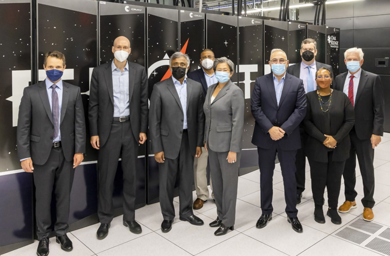 Dr. Berhe (second from right) visits the Frontier supercomputer at Oak Ridge National Laboratory.