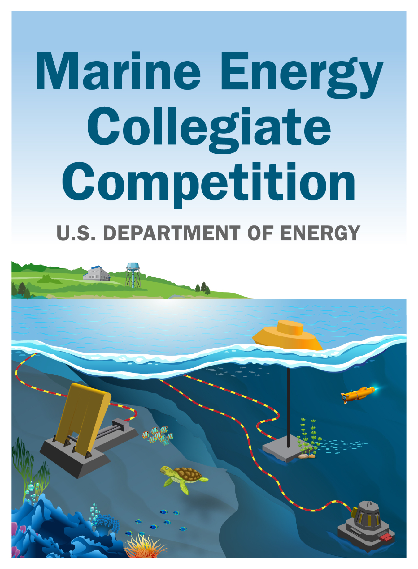 Illustration of marine energy devices deployed in the water with the text Marine Energy Collegiate Competition U.S. Department of Energy