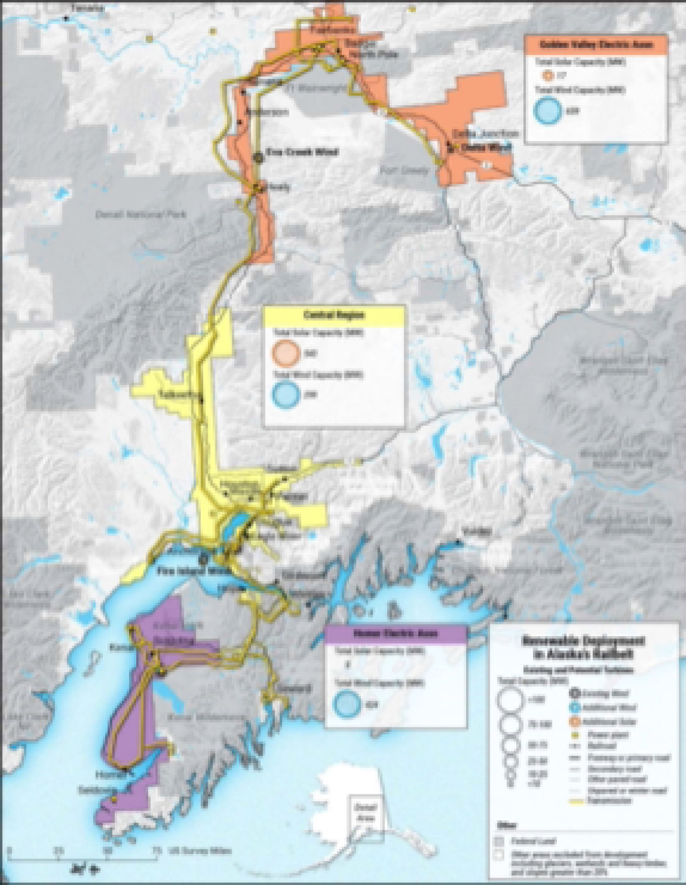 Map of the Railbelt power grid, with the least-cost scenario’s total renewable capacity installations for each region.
