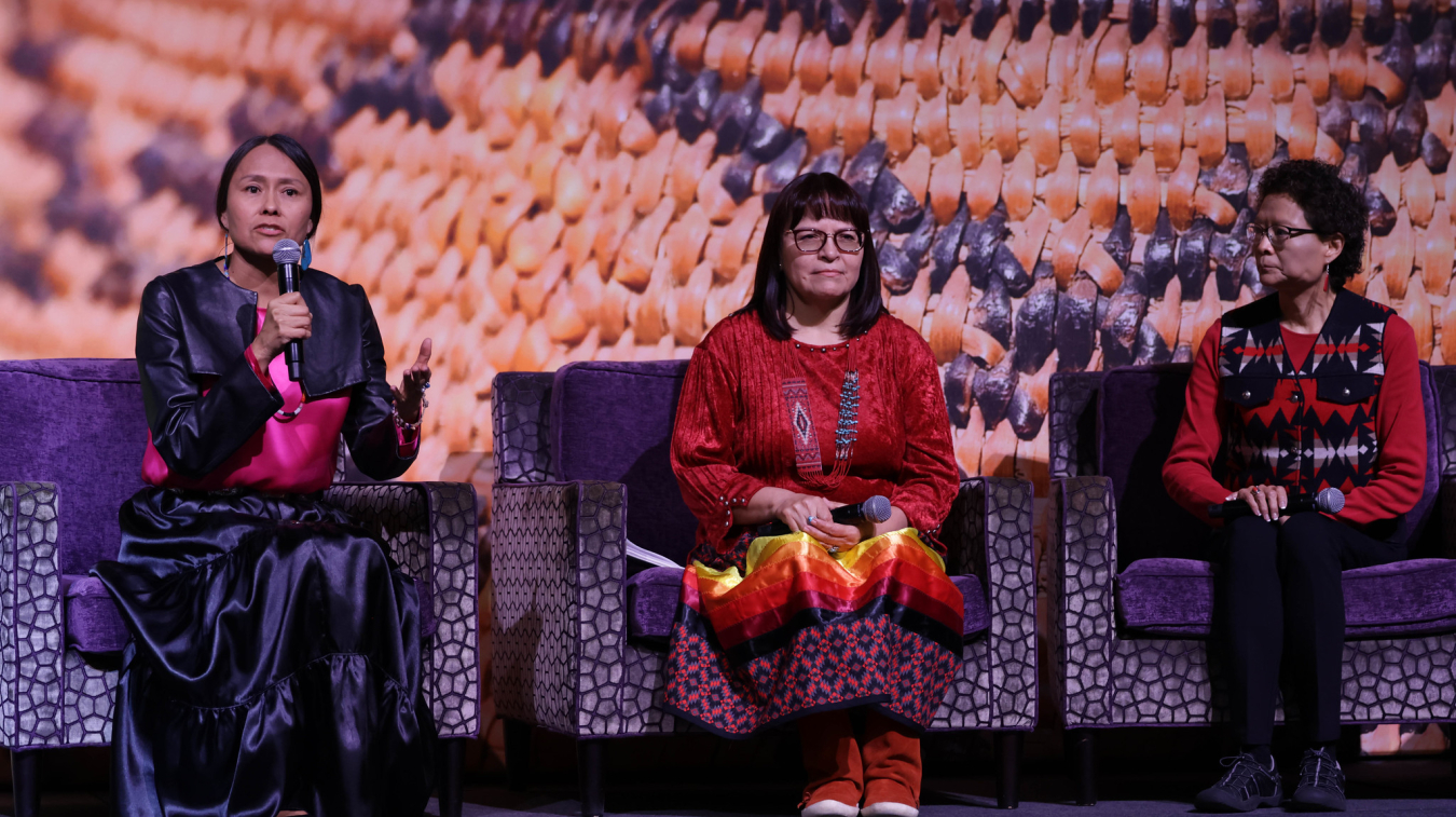 Three women participating in a panel discussion.
