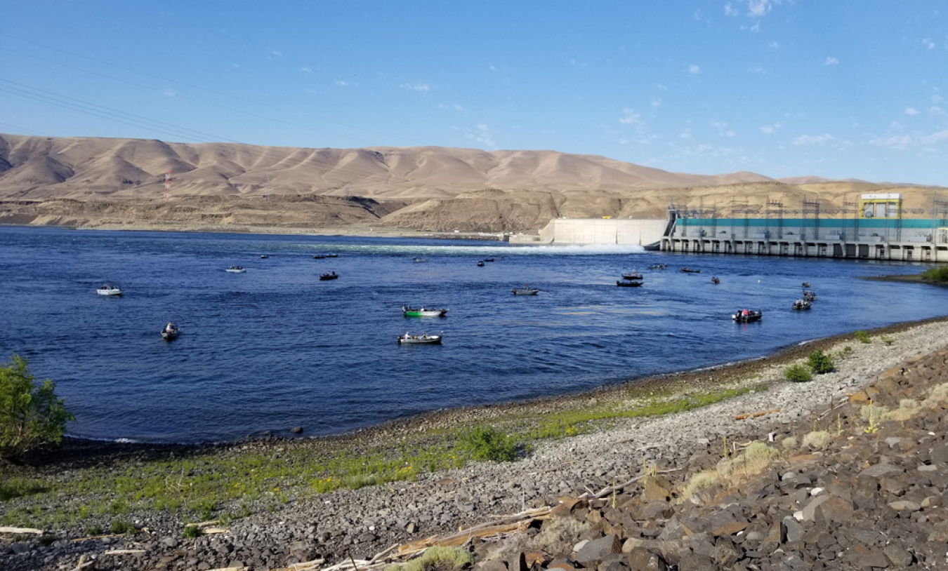 A body of water with more than a dozen boats on it and a dam in the background.