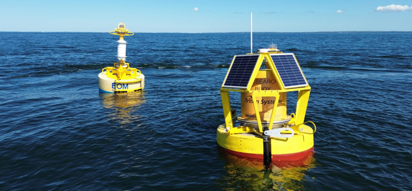 Two buoys floating side-by-side in the ocean
