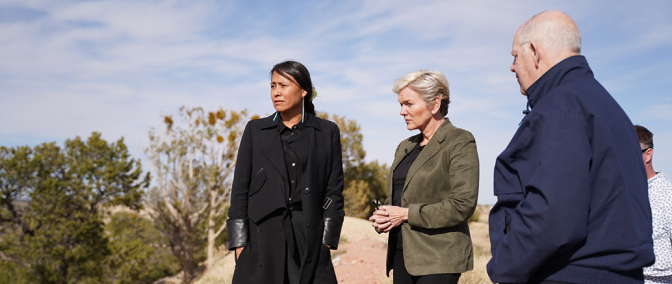 Office of Indian Energy Director Wahleah Johns and Secretary of Energy Jennifer M. Granholm visit Navajo Nation in Arizona alongside Representative Tom O'Halleran to discuss the nation's future in renewable energy. Photo by Brett Lake.