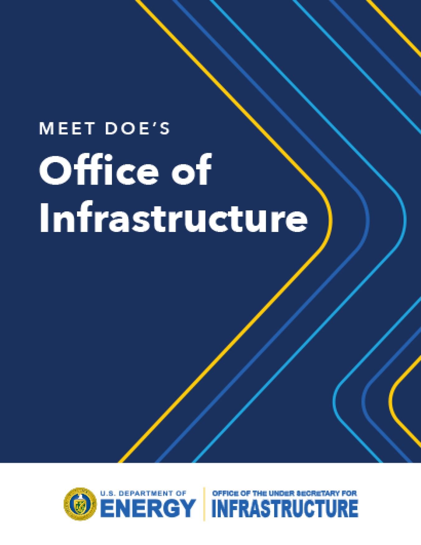Stylized document cover with the title "Meet DOE's Office of Infrastructure" and the DOE seal