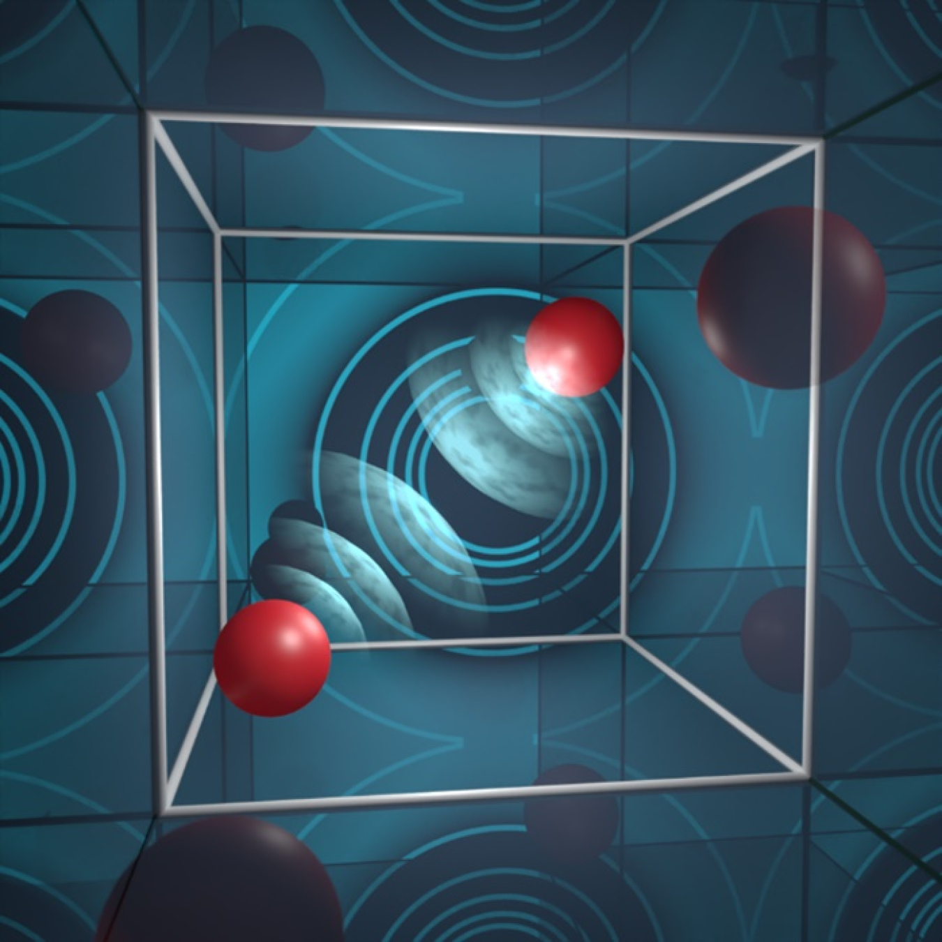 Artistic representation of two particles in a periodic box with a repulsive electromagnetic force between them.