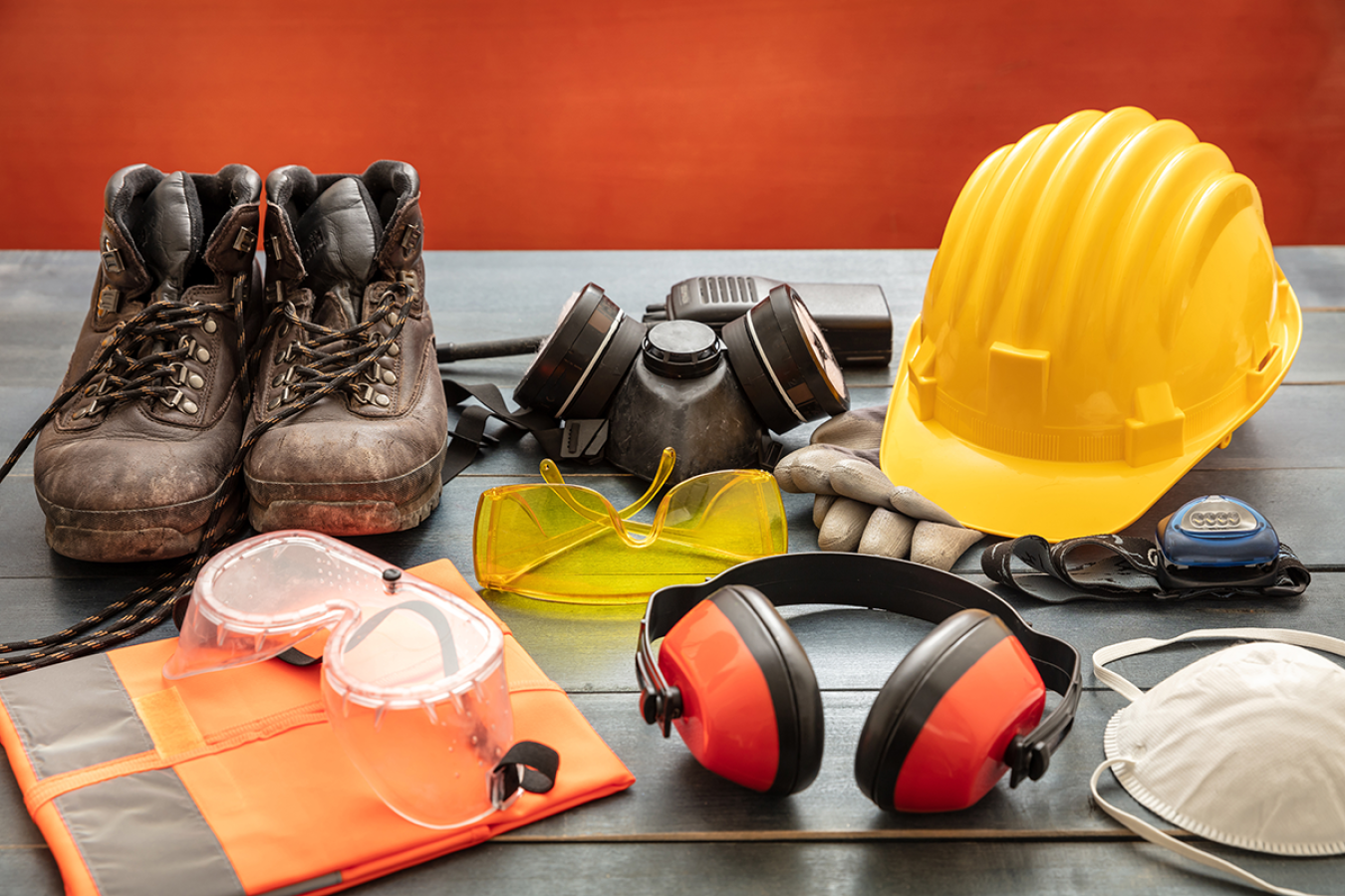 safety, work, protective, wear, industry, construction, hardhat, site, labor, worker, headgear, equipment, boots, respiratory mask, headphones, earmuffs, vest, communication, walkie-talkie, gloves, glasses, goggles, mask, protectors, red, helmet, hat, wood, protection, gear, tools, personal, contractor, builder, cap, architect, engineer, health, color, accessory, industrial, background, professional, workshop, build, concept, clothes, yellow, table,; safety; work; protective; wear; industry; construction; h