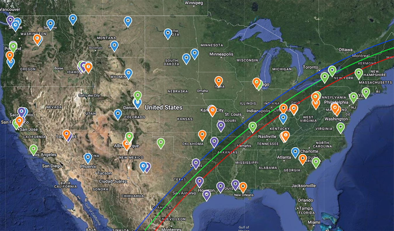Path of the April 8, 2024 solar eclipse across a map of the USA