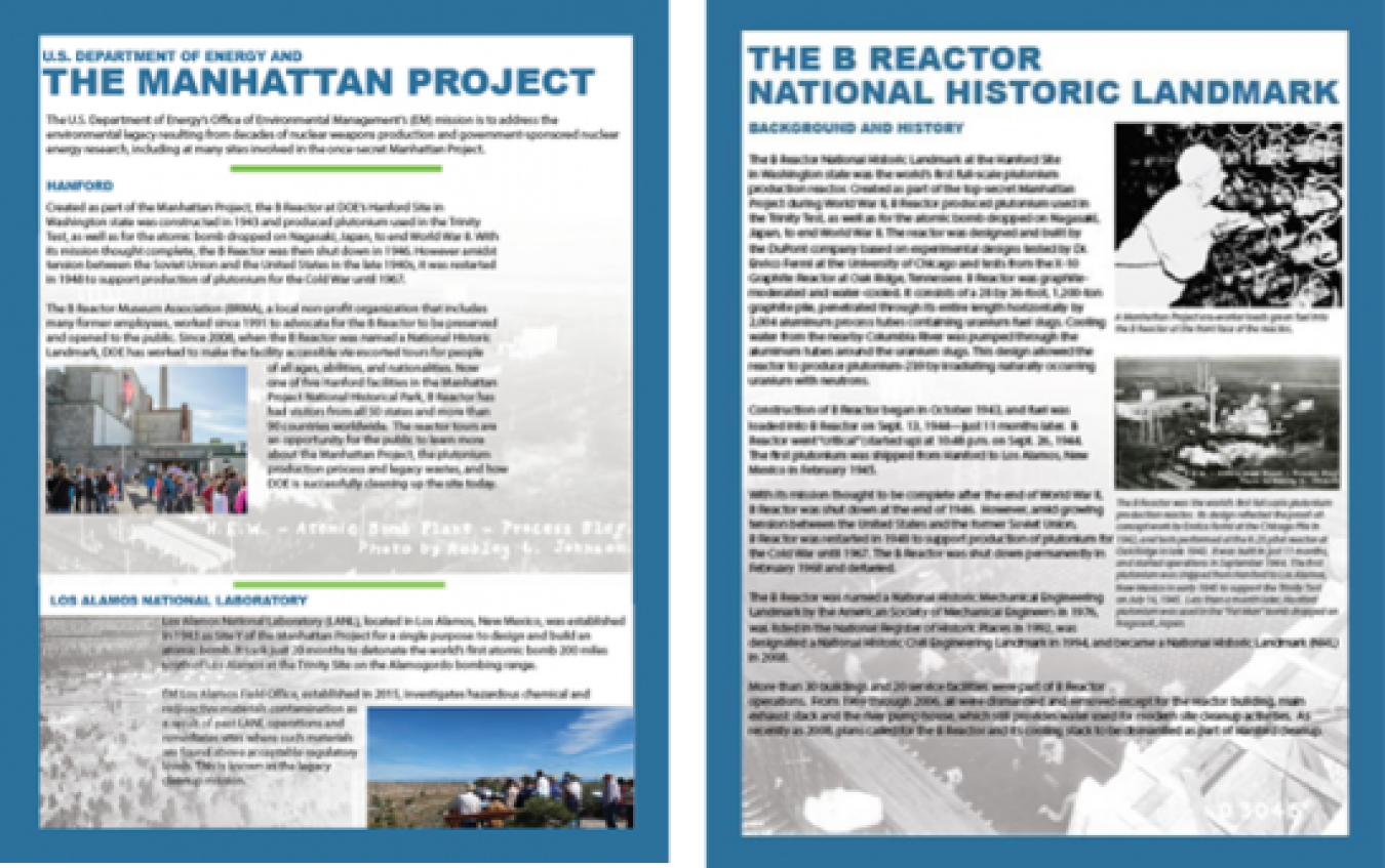 Informational sheet about EM and Manhattan Project History with text and images