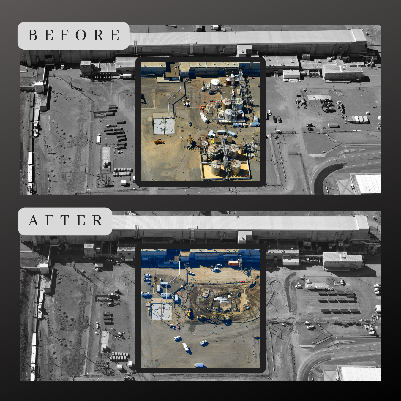 Before and after photos side by side of a demolition site
