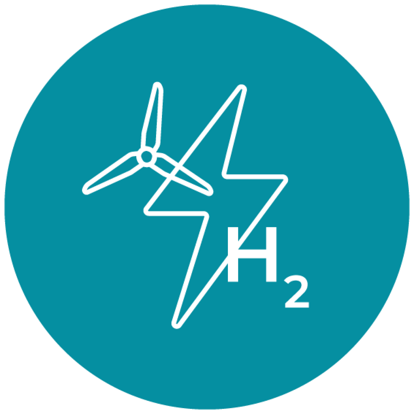 An icon of a wind turbine, electricity bolt, and H2 symbol