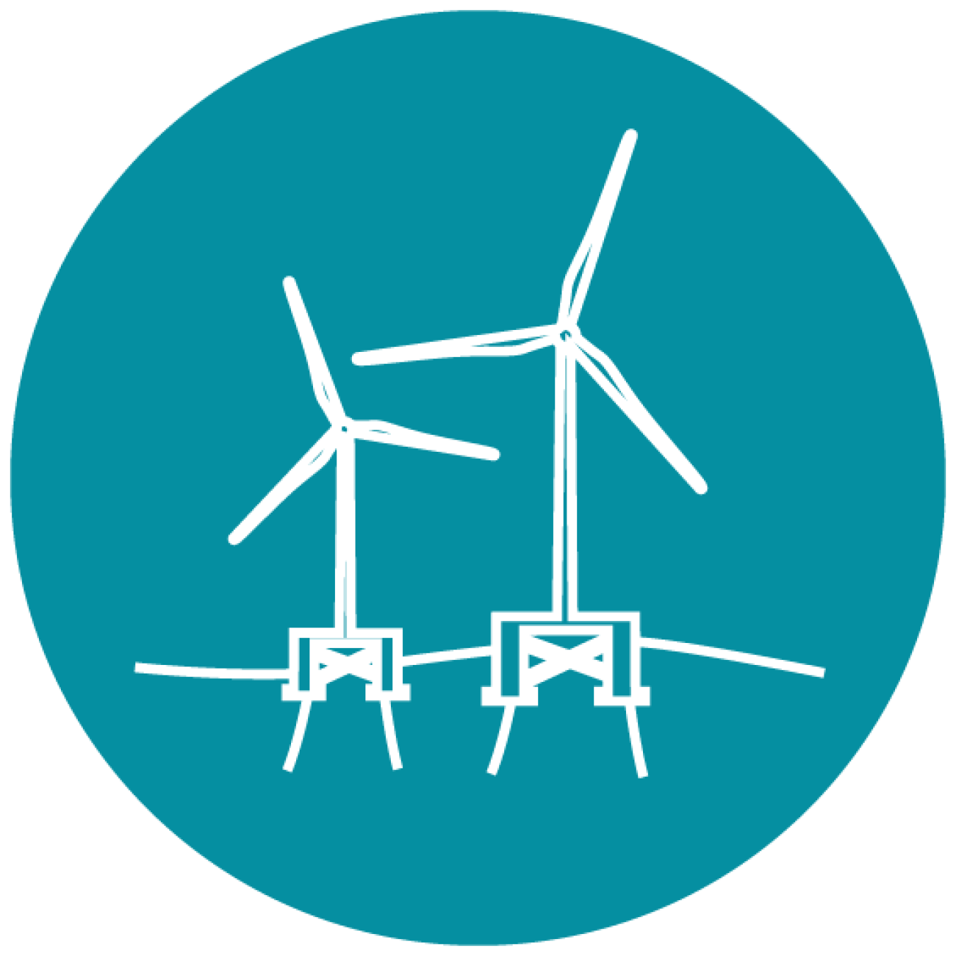 An icon of wind turbines floating on water