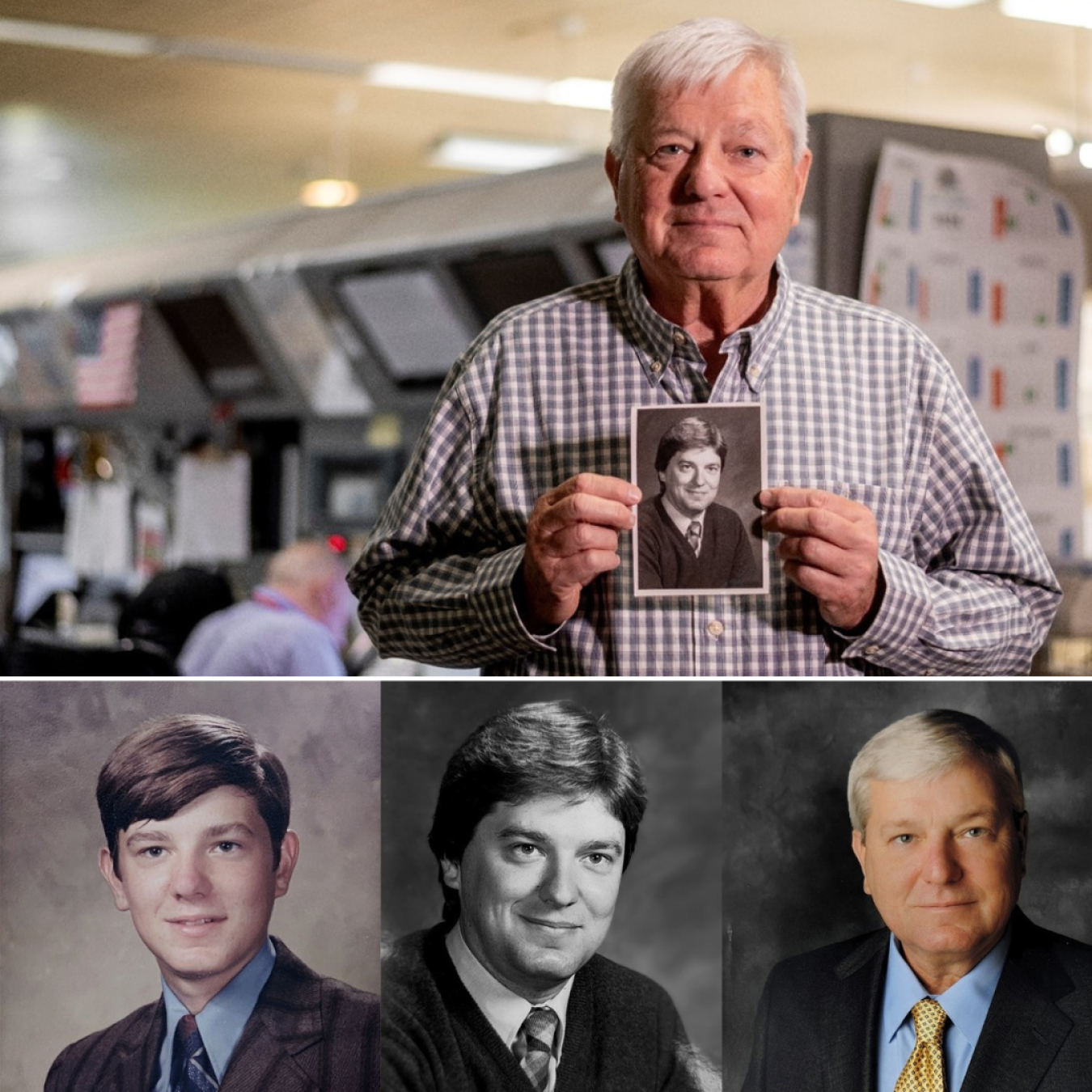A collage of photos of an older gentleman on top holding a young photo of himself and three other young photos on the bottom