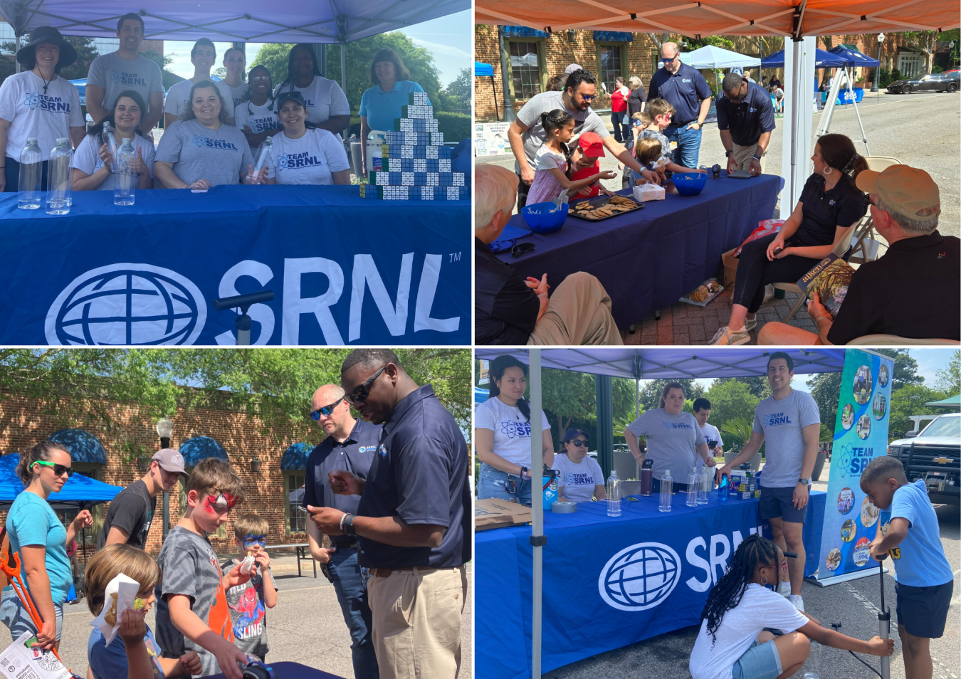 A collage of photos of booths at an Earth Day event with employees, children, and participants at the booths