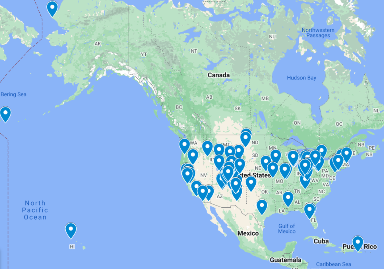 Map of the United States and Canada with dots on EM Cleanup Sites