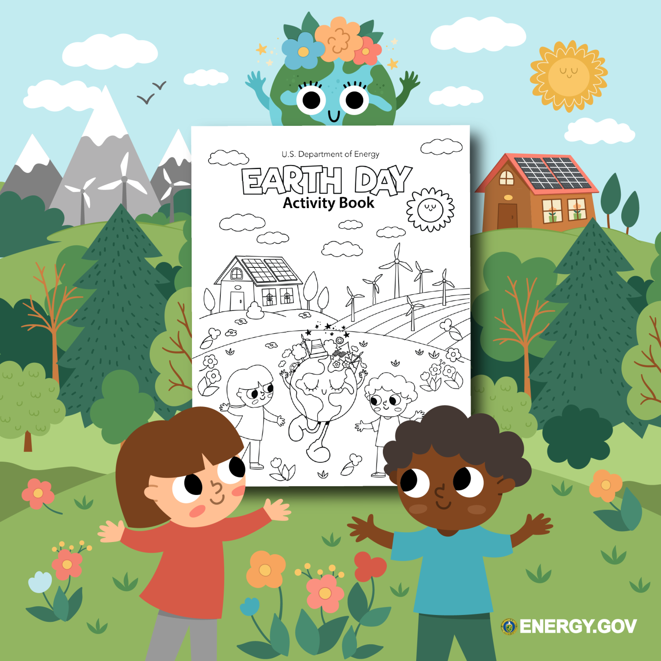 Drawing of Earth Day Coloring book cover with kids