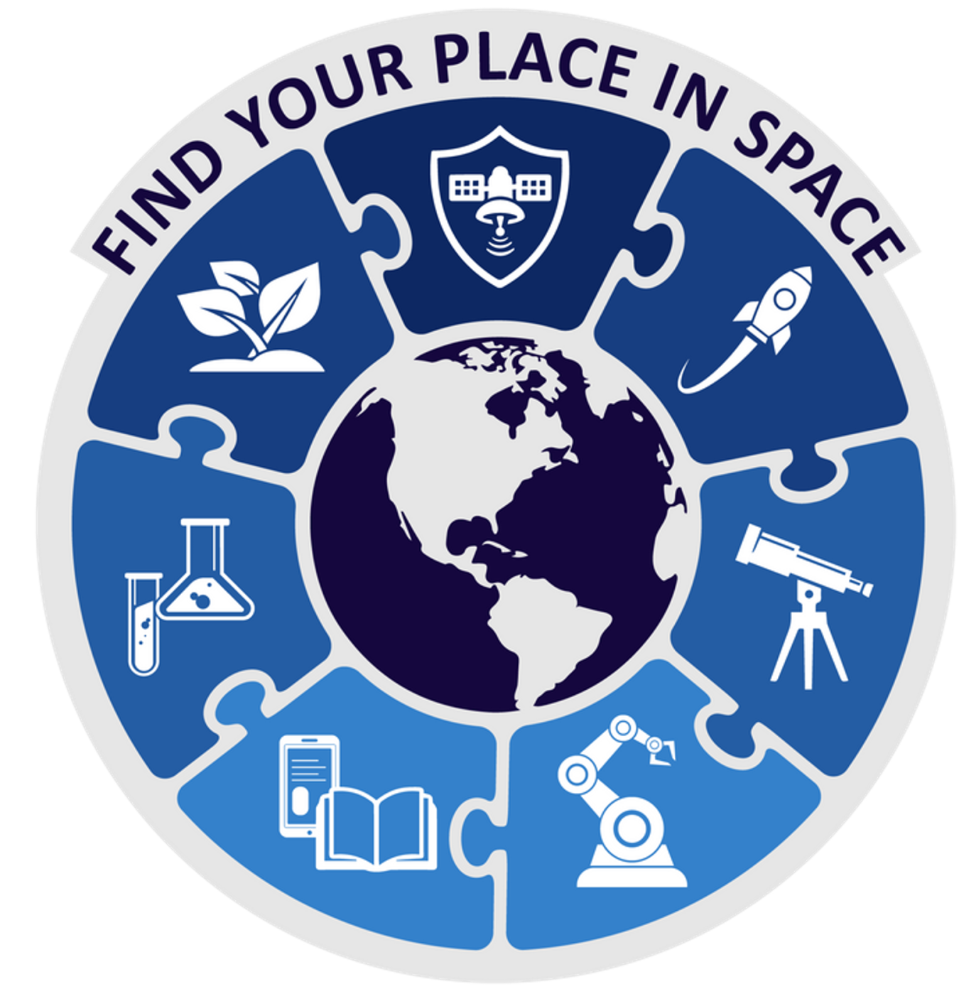 Blue, circular Find Your Place in Space Week graphic