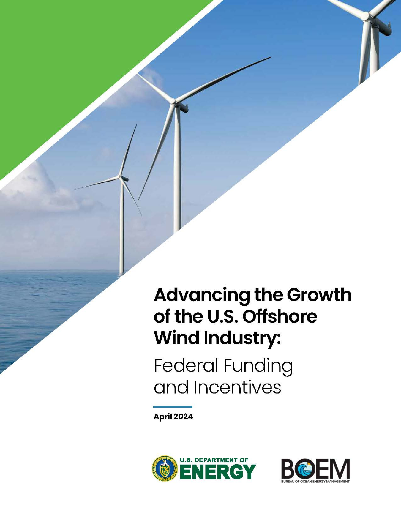 Graphic that says "Advancing the Growth of the U.S. Offshore Wind Industry: Federal Funding and Incentives" with turbines in background.