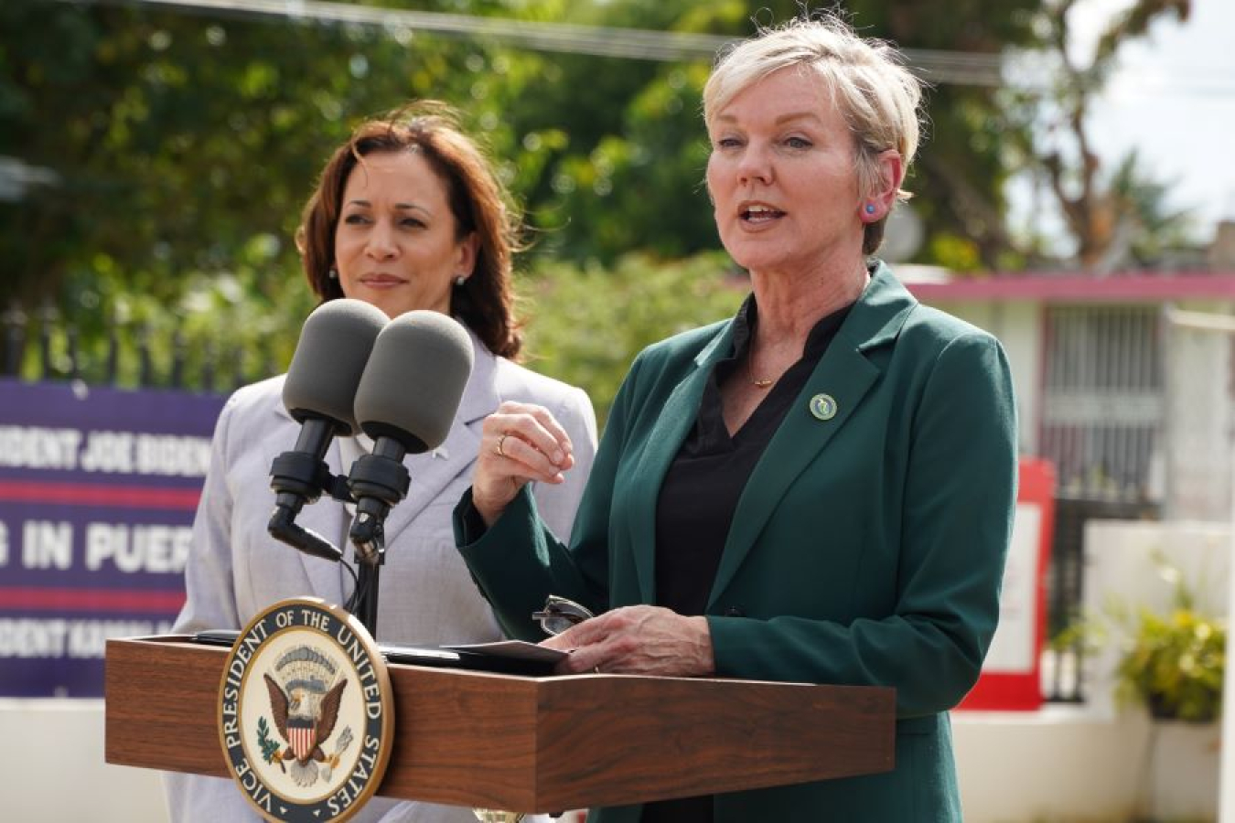 Secretary Granholm delivers remarks outside of a home in Canóvanas alongside Vice President Kamala Harris.