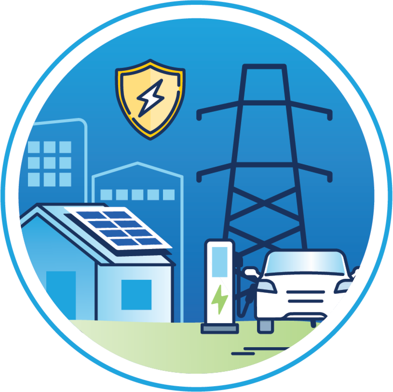 Illustration of electric grid with transmission tower, house with solar panel, city outlines, electric car charging, and shield with electricity bolt.