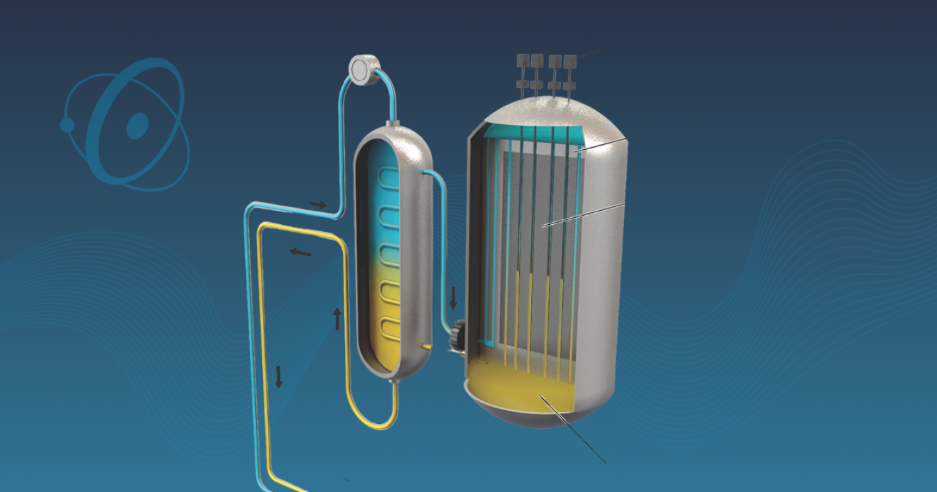 Computer rendering of blue and yellow tubes entering metal vessel of high temperature gas-cooled nuclear reactor