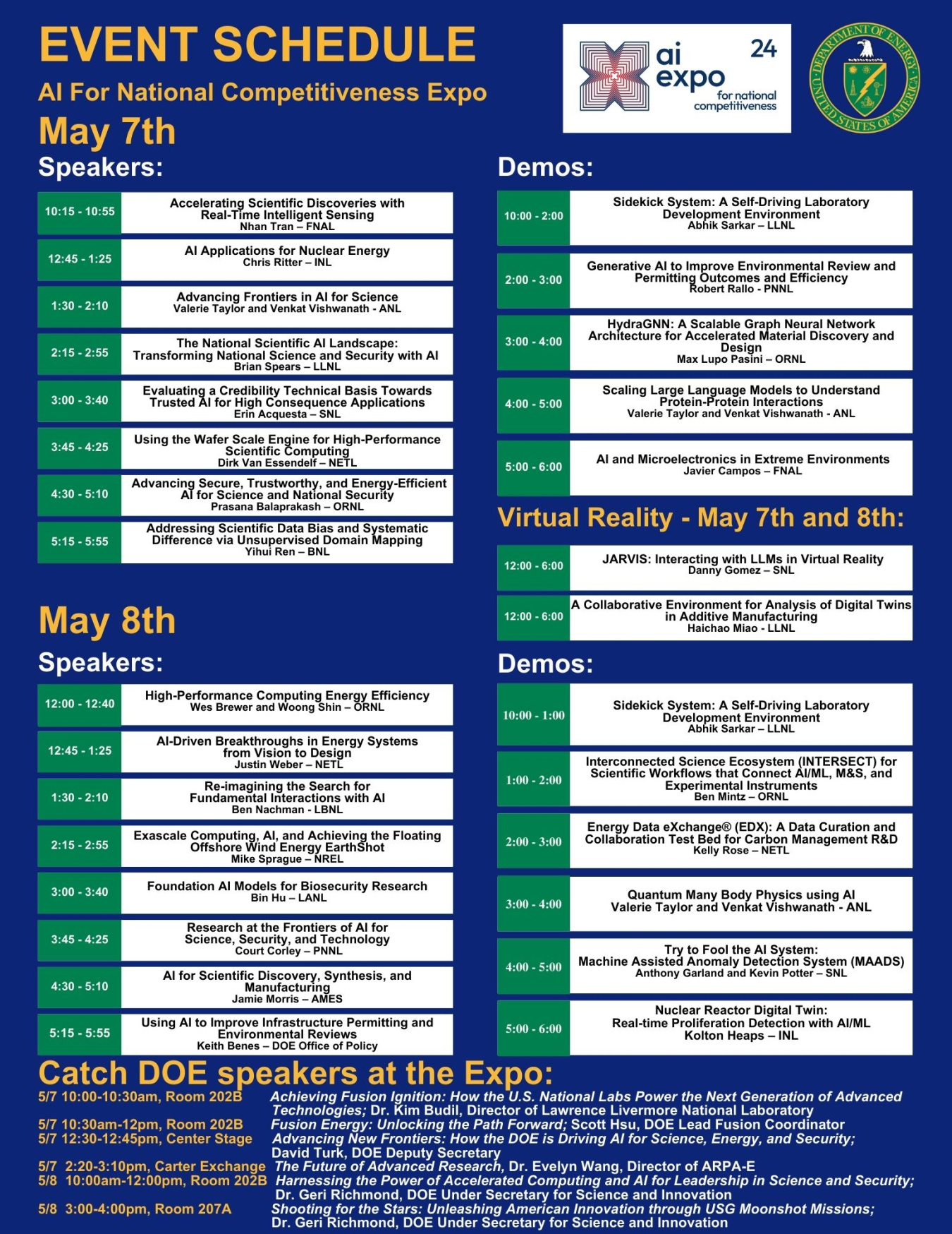 AI Expo DOE Booth Schedule