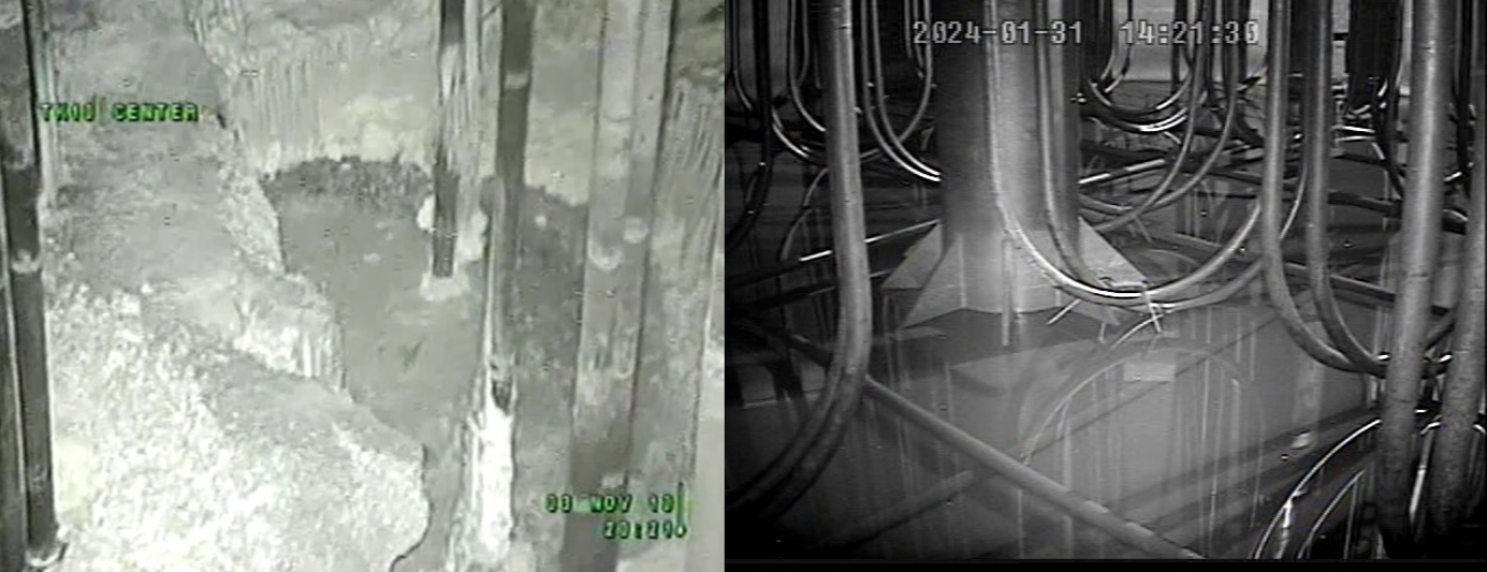 Before and after pictures inside a dark tank that has lots of metal pipes inside