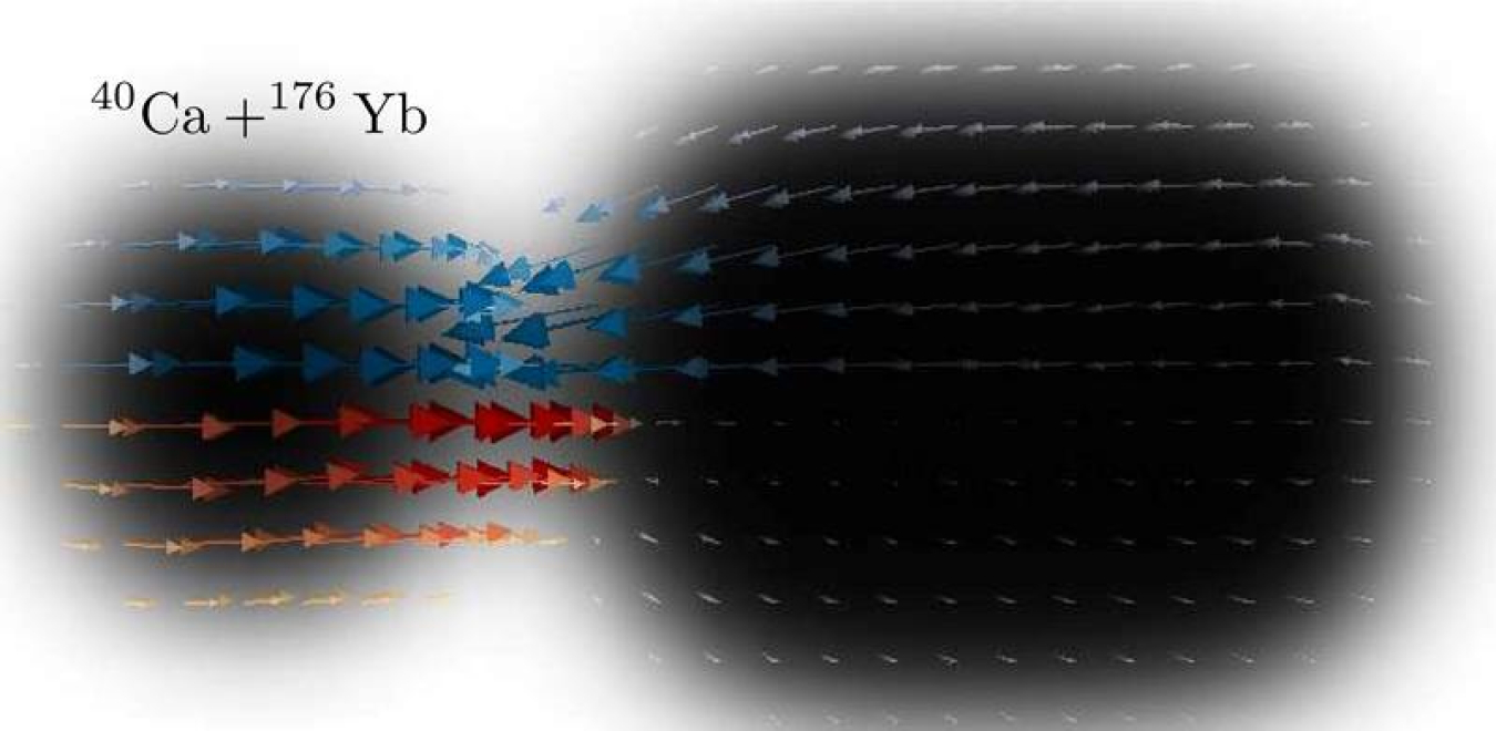 Shaded outlines of calcium-40 and ytterbium-176 nuclei (40Ca+176Yb) as they collide, leading to fusion, with nucleon currents for neutrons in blue and protons in red. The net neutron flow is from 176Yb to 40Ca and the proton flow is the opposite.