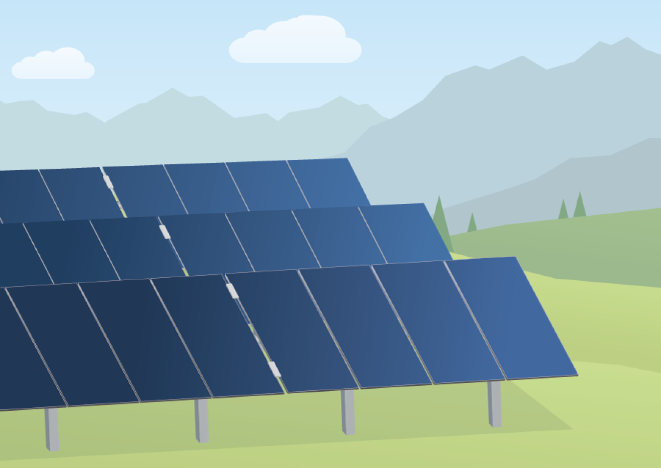 This graphic shows a large-scale solar array with CdTe modules.