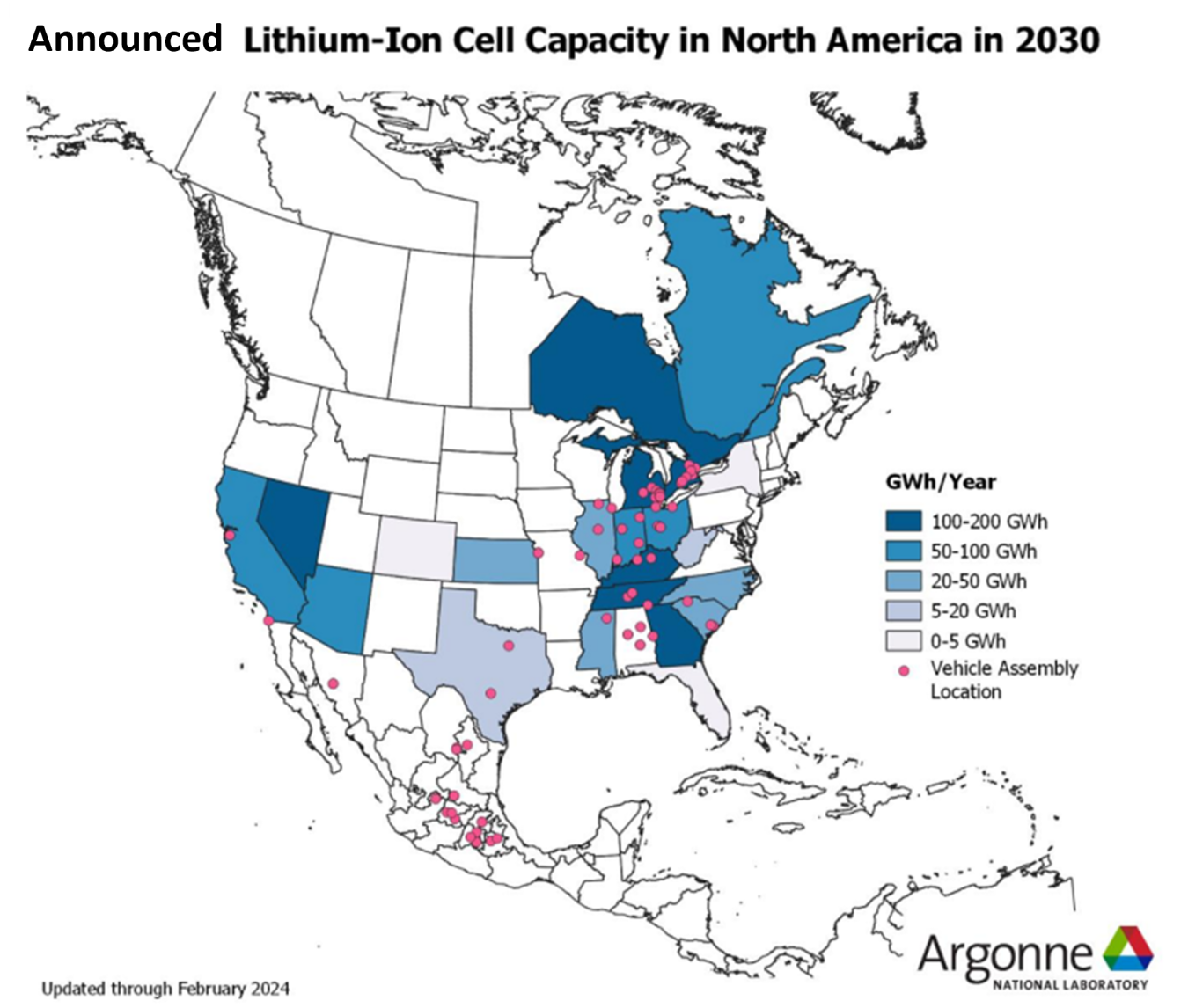 Announced Lithium-Ion Cell Capacity in North America in 2030