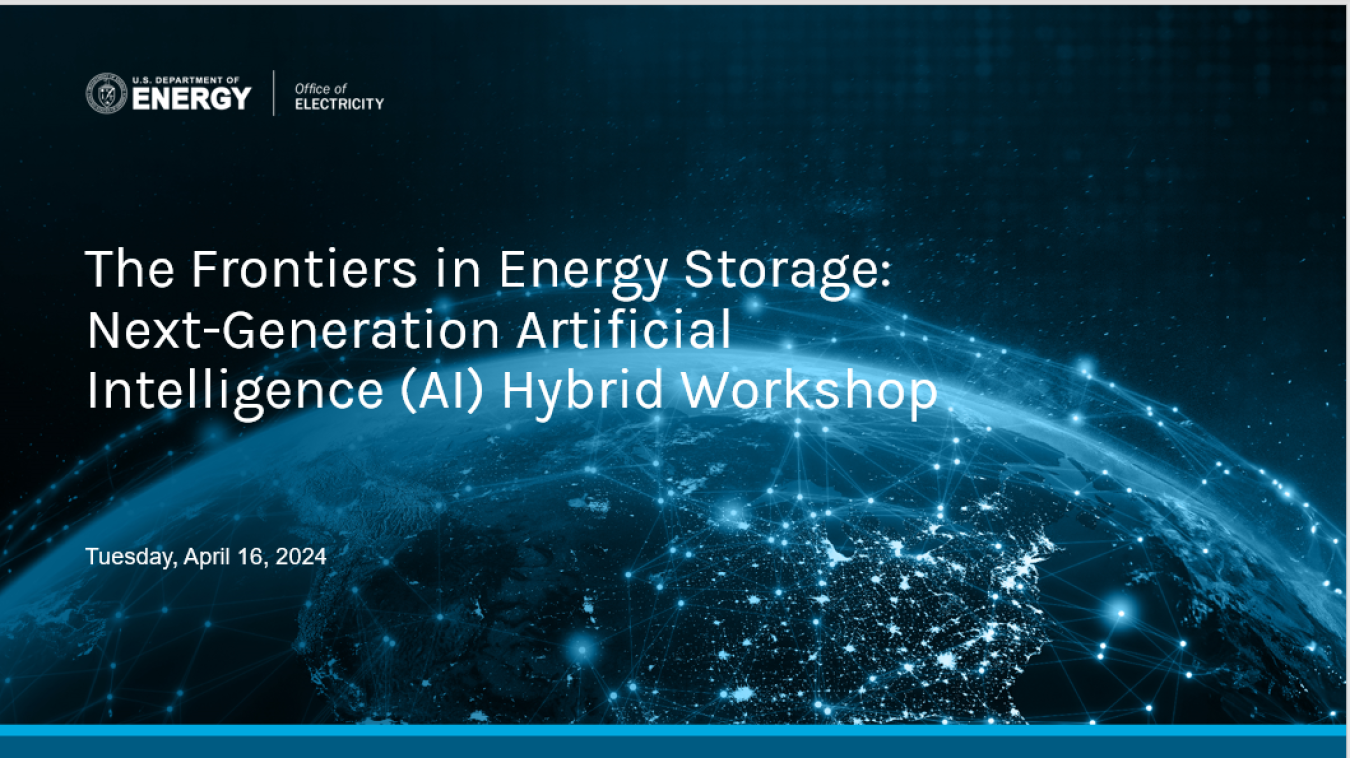 A cover slide for the Frontiers in Energy Storage AI Workshop that has a dark background and is a view of the top of the earth.