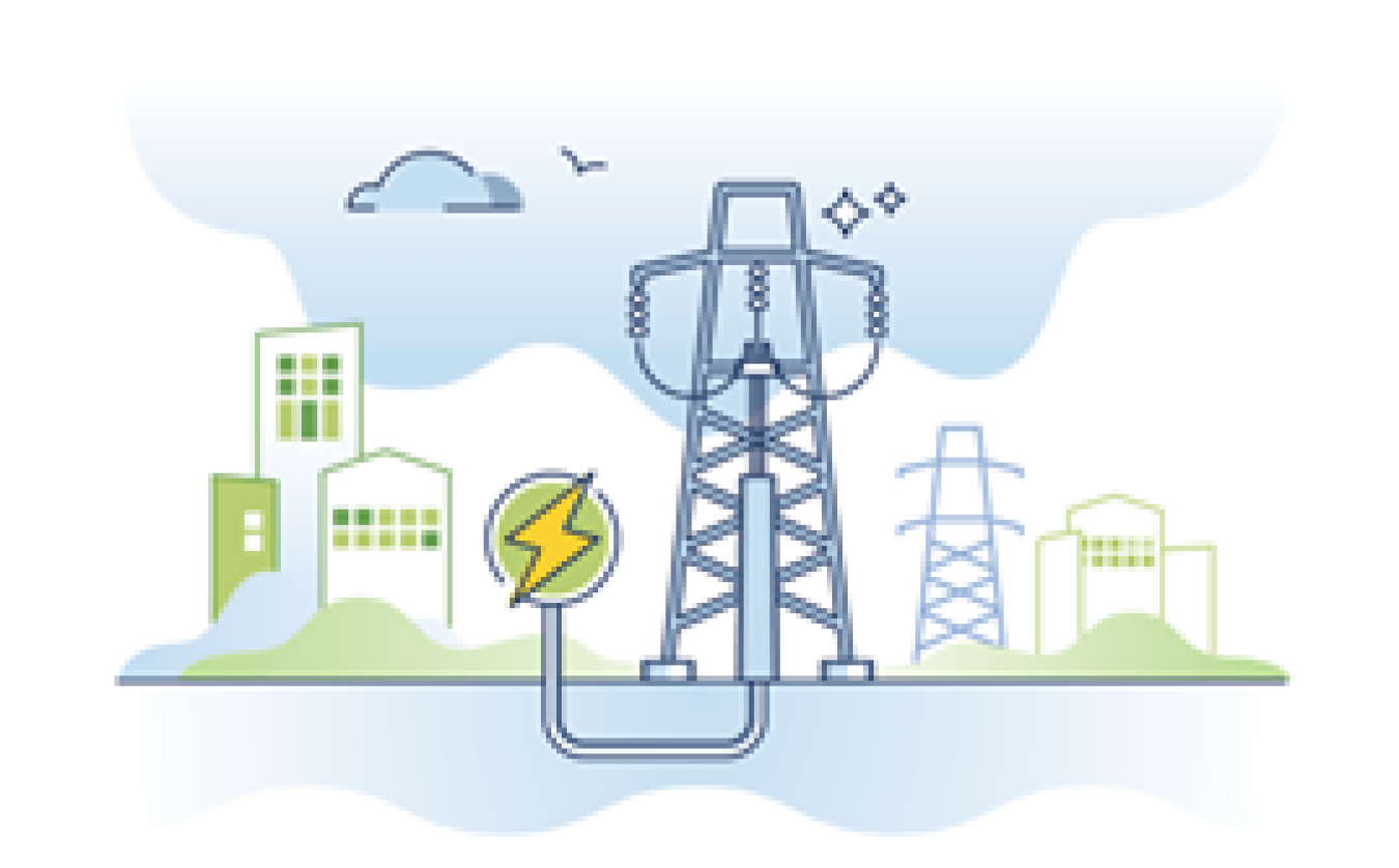 Transmission towers and surrounding buildings with a skyline in the background